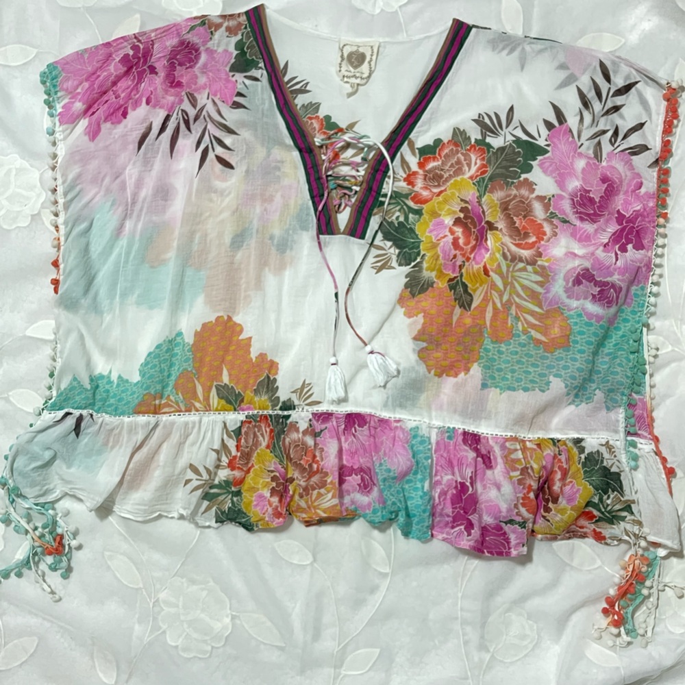 Z&L Floral Lace-Up Pom Pom Swim Caftan Coverup - White with Pink & Mint - Picture 8 of 14